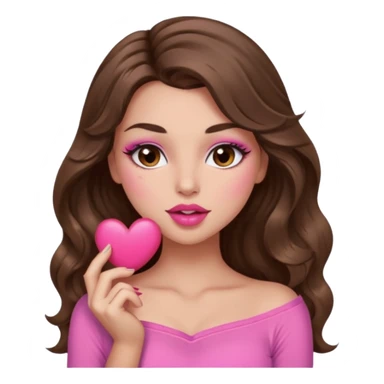 girl with long wavy brown hair, brown eyes, long lashes makeup, sexy pink lips, light to medium complexion, wearing a pink sexy top, sexy , puckering, blushing, kissing a heart sexy sticker