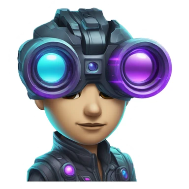 Secret human agent with  cyberpunk elements with a spyglass scanning looking reviewing multicolor lines of code, cyan and purple colors, only upper body portrait sticker