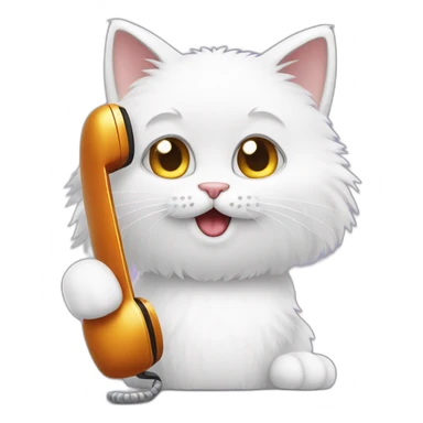 A white furry cat making a phone call with a cellphone sticker