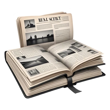 Icon for Non-Fiction & Narrative Reading: an open book with black-and-white photos on the pages, surrounded by a pile of newspaper clippings, and an open folder with top-secret documents. The icon should reflect the blend of real stories and facts in non-fiction literature. Transparent background. sticker