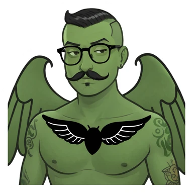 pumped up white male, glasses, buzz cut black hair, handlebar mustache black, two wings tattooed on his chest sticker