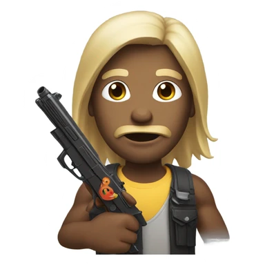 make a man with a face of determination while holding a toy childish gun aiming it at the screen and make him have long straight hair  sticker