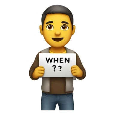 A male holding placard with "when" written on it sticker