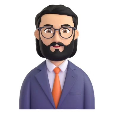 man with medium black beard, black hair, connected unibrow, olive tan skin, brown eyes, glasses, prominent long nose, wearing a professional business suit sticker