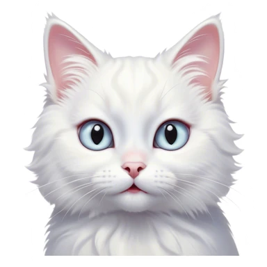 Cinematic Comical White Cat Portrait Emoji, Head tilted in an exaggerated, surprised manner with wide, sparkling eyes, showcasing a pristine white fur with subtle hints of silver and an animated, goofy expression, simplified yet whimsically detailed, glowing with a playful, bright radiance, high shine, exuding a lighthearted and comical charm, styled with a soft glowing outline, capturing the essence of a white cat that looks ready to prance comically off the screen! sticker