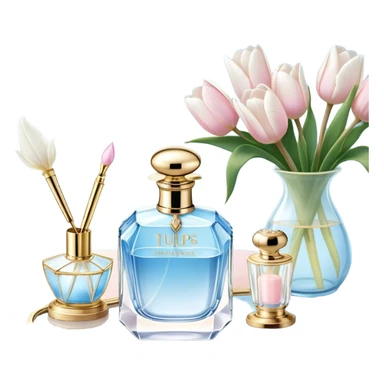 A dreamy composition of a crystal perfume bottle with an ornate golden atomizer, placed on a lace-trimmed vanity table, accompanied by a bouquet of white magnolias and soft blue tulips.
 sticker
