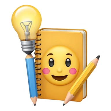 Emoji of a notebook with a pencil and a glowing lightbulb on the cover, iPhone emoji style. Flat design, smooth gradients, rounded edges, soft shadows, clean look, white background. sticker