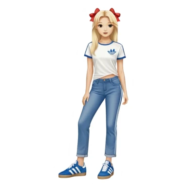 Beautiful Blonde woman standing up posing with one leg slightly crossed over the other leg, wearing denim straight jeans, a pair of adidas og samba shoes and a cute top with small bows on it sticker