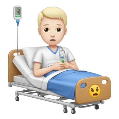 man sick in hospital bed full body thermometer in mouth emoji style sad expression sticker