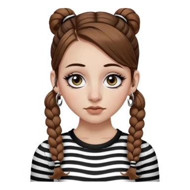 a white girl with brown hair in very low pigtails black eyeliner big false eyelashes with a septum piercing nose piercing big hoop earings dermals close to the eyes one on each side wearing a black and white striped long sleeve shirt sticker