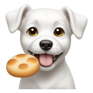 little white dog with a small round bread in its mouth sticker