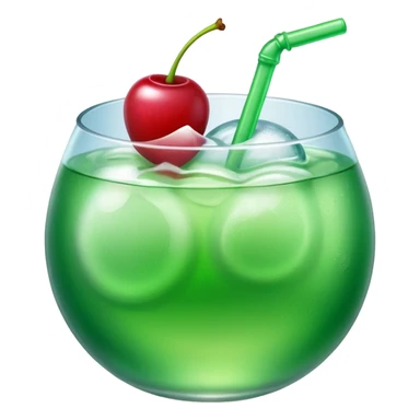 Create an emoji with a very clear rounded glass and ice, bright transparent green soda , a smooth vanilla scoop circle shape, a glossy red cherry, using vibrant colors, soft shading, and clear glass highlights.
 sticker