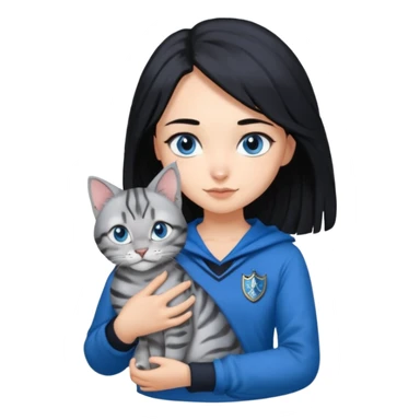 Girl with light skin, blue eyes, shoulder length straight black hair, wears a ravenclaw outfit, with a silver bengal cat holding in her arms sticker