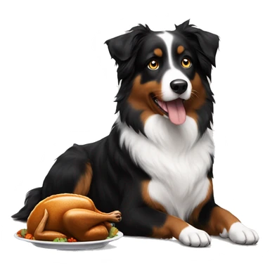 Black tri Australian shepherd eating thanksgiving dinner sticker