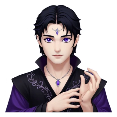 A strikingly handsome High Fae male with midnight-black hair, piercing violet eyes that glow under the moonlight. His lips curve into a knowing smirk, revealing a dangerous charm. He wears an elegant black tunic with silver embroidery, the fabric flowing like liquid shadow. A silver ring glints on his long fingers, and faint wisps of darkness swirl around his shoulders like living mist sticker