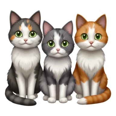 3 different coloured small cats including a dark grey and white, and a patchy calicowith hazel eyes  and a completely solid dark grey with green eyes and only white paws sticker