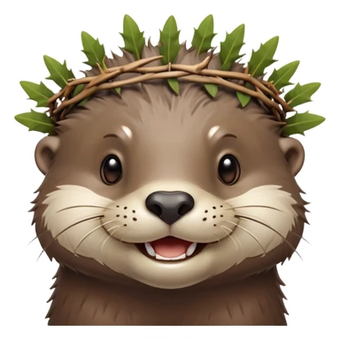 really cute smiling joyful otter face in three-quarter profile view with simple thorny stem wrapped horizontally around its forehead like Jesus Christ's Crown of thorns, no crown shape on top, just thin spiky branches circling the forehead sticker