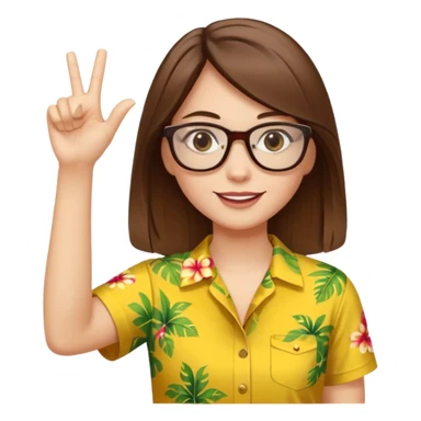 Hawaii female with white skin. Shoulder length straight brown hair. Brown eyes with glasses. Female wearing yellow Hawaiian print shirt. Women is making a hang loose sign with her left hand sticker