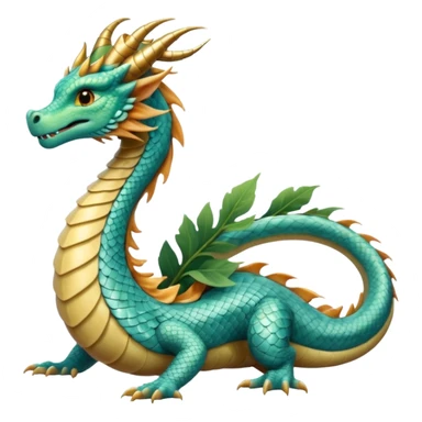  serpent dragon. Slim, serpentine body with smooth scales in soft blues and greens. Fluffy leaf plumes replace the tail fins, and a terracotta crown-like crest adorns its head. Gentle amber eyes. sticker