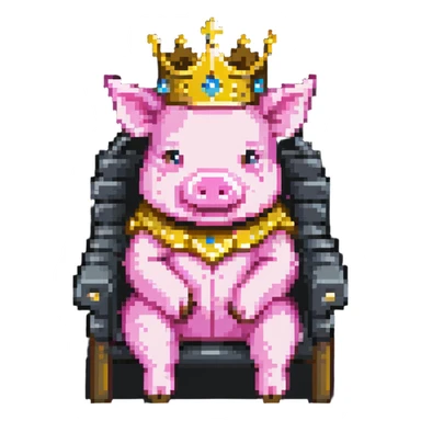 minimal abstract pixel art pig with a golden crown sitting on a throne, blocky and square like Minecraft, very few pixels sticker