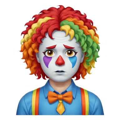 Rainbow-colored curly wig (red, yellow, green, and blue).

White face paint with blue eye makeup and a red nose.

Wearing orange suspenders over a blue shirt.

Sad, frowning expression. sticker