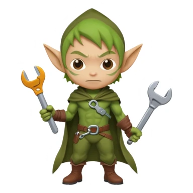 short green goblin, hold a wrench, brown cloth, cute chibi full body sticker