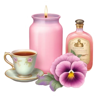 A cozy aesthetic: a pink candle in a glass jar, pastel pink pansies, a vintage perfume bottle, and a cup of steaming tea. sticker