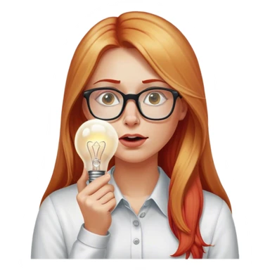 intelligent and clever, 30 year old, girl, long red and almost blond hair, glasses, has an brillant idea, rubs his nose, light bulb over the head, casual cloth  sticker