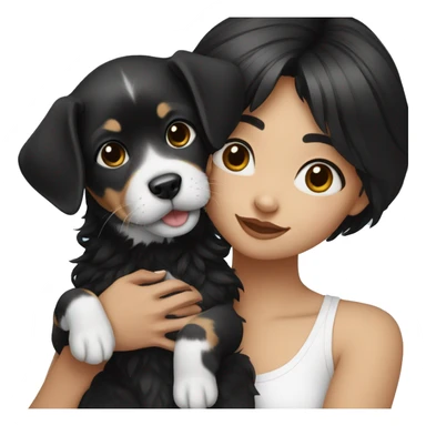 girl with medium black hair holding black and white puppy sticker