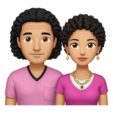 A picture if a couple. the man is a Mexican man with tanned skin, black hair, a bald hair cut, short boxed beard, and wearing a black shirt. the woman is mixed with black and white, with brown curly long hair, gold diamond earrings, a gold chain necklace and wearing a pink shirt on with big boobs sticker