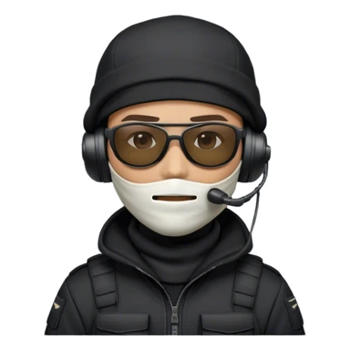 A tactical operator emoji wearing a black cap backward, a white balaclava covering the face, black tactical sunglasses, and a professional military-style headset with a microphone. The character should have a dark hoodie or tactical outfit, looking sleek and modern. sticker