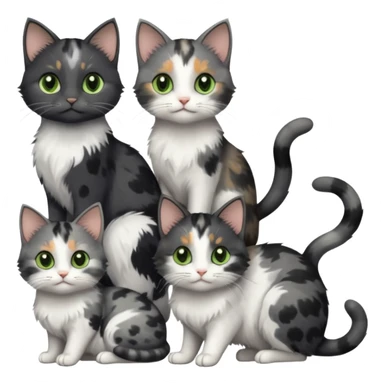 3 different coloured small cats including a dark grey and white, and a patchy calico with hazel eyes and a completely solid dark grey with green eyes and only white paws sticker