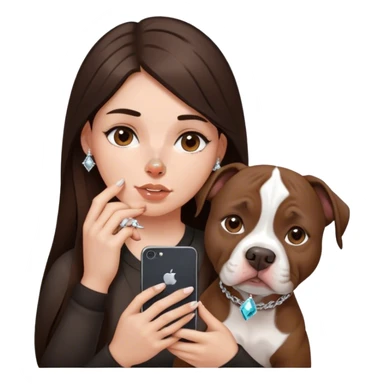￼ a young girl with long dark brown hair cascading down her face. It’s with her phone in her hands, sitting next to her pitbull with a small diamond nose ring in her nose. sticker