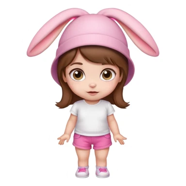 Cute emoji baby girl with big eyes, brown hair, bunny ear pink hat, white t-shirt and pink shorts. sticker