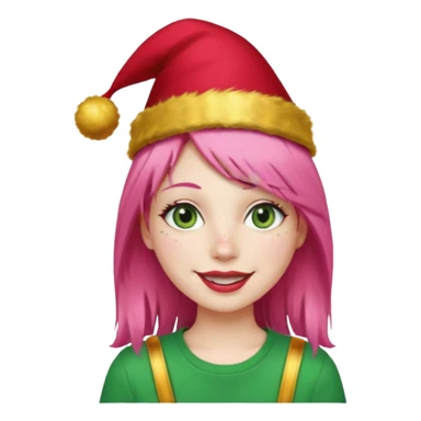 Create a girl with pink hair and green eyes with long eyelashes and a smiley face. She has freckles in her face and a lit of bit of lipstick on her mouth, she’s also got gold birthday hat on her head with gold pom poms on top of it, and her T-shirt is red sticker