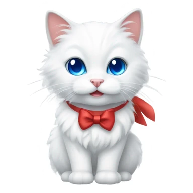 white fluffy cat with grey ears and blue eyes and a red bow sticker