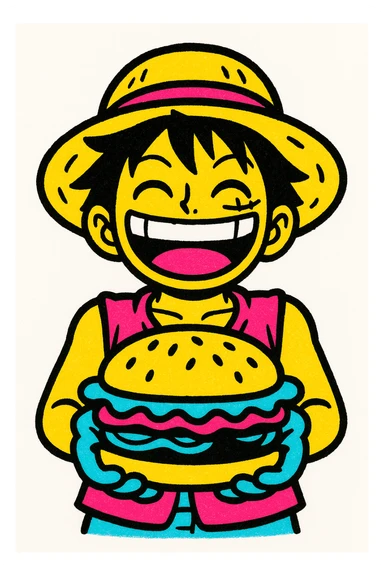 Luffy holding a burger with a big smile, pop culture, colorful sticker