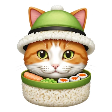 cat wearing a sushi hat with rice base, multiple fish pieces on top, wasabi accent, and soy sauce dripping, sushi hat with sauce sticker