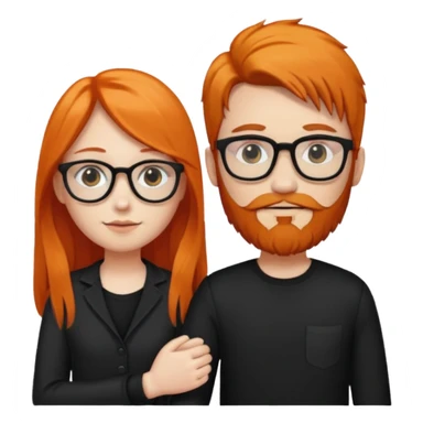 girl with long orange hair wearing no glasses and all black clothes and holding hands with boy with dark hair and beard and glasses and pale skin sticker