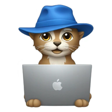 Merlin with a laptop and blue hat sticker