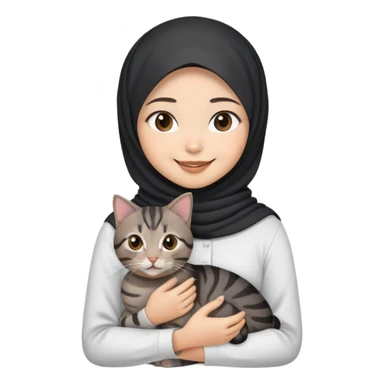 Asian white Girl wearing dark  hijab with white shirt smiling while holding a black brown grey tabby cat sticker