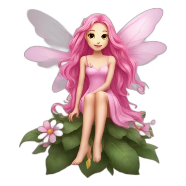 long pink hair fae pink dress with wings sitting on flower sticker