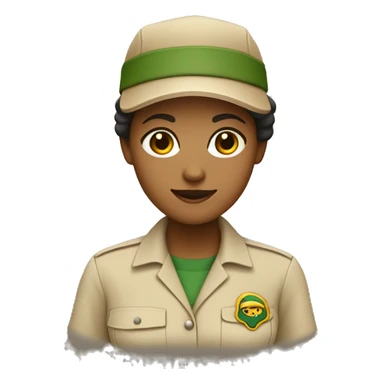 female zookeeper, wearing a plain beige shirt and a plain dark cap. on the beige shirt, there is a small logo, that looks like a yellow square with a dark green border sticker