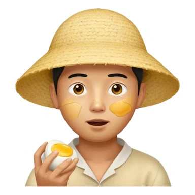 Asian guy with a rice hat eating an egg sticker