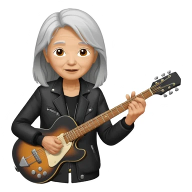 guitar rock player, elderly woman asian head, black jacket sticker