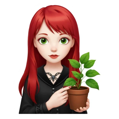 a gothic girl with long red hair and bangs holding a lucky pin and plant sticker