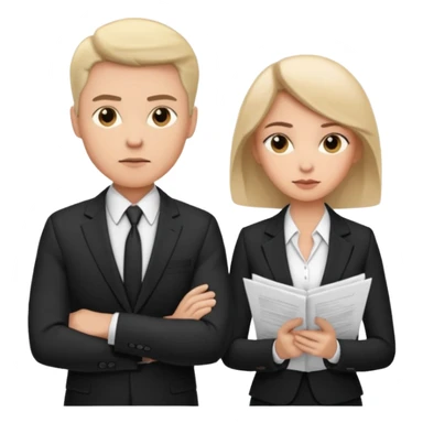 man in formal suit talking to woman in formal suit, they sit, papers in hands sticker