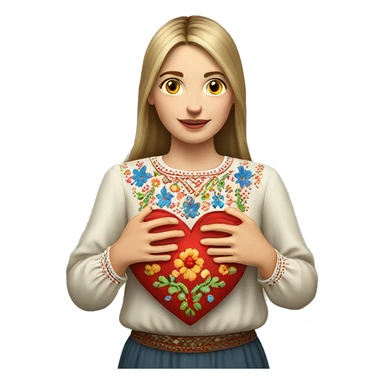 A Ukrainian woman in an embroidered shirt holds a heart in her hands sticker