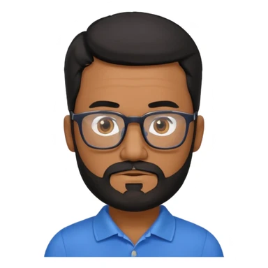 A tanned 50year old bearded man with black hair wearing glasses and a blue polo sticker