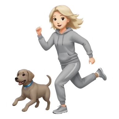 A beautiful girl with fair skin wearing a gray sweatshirt and sweatpants happily chasing a Labrador sticker